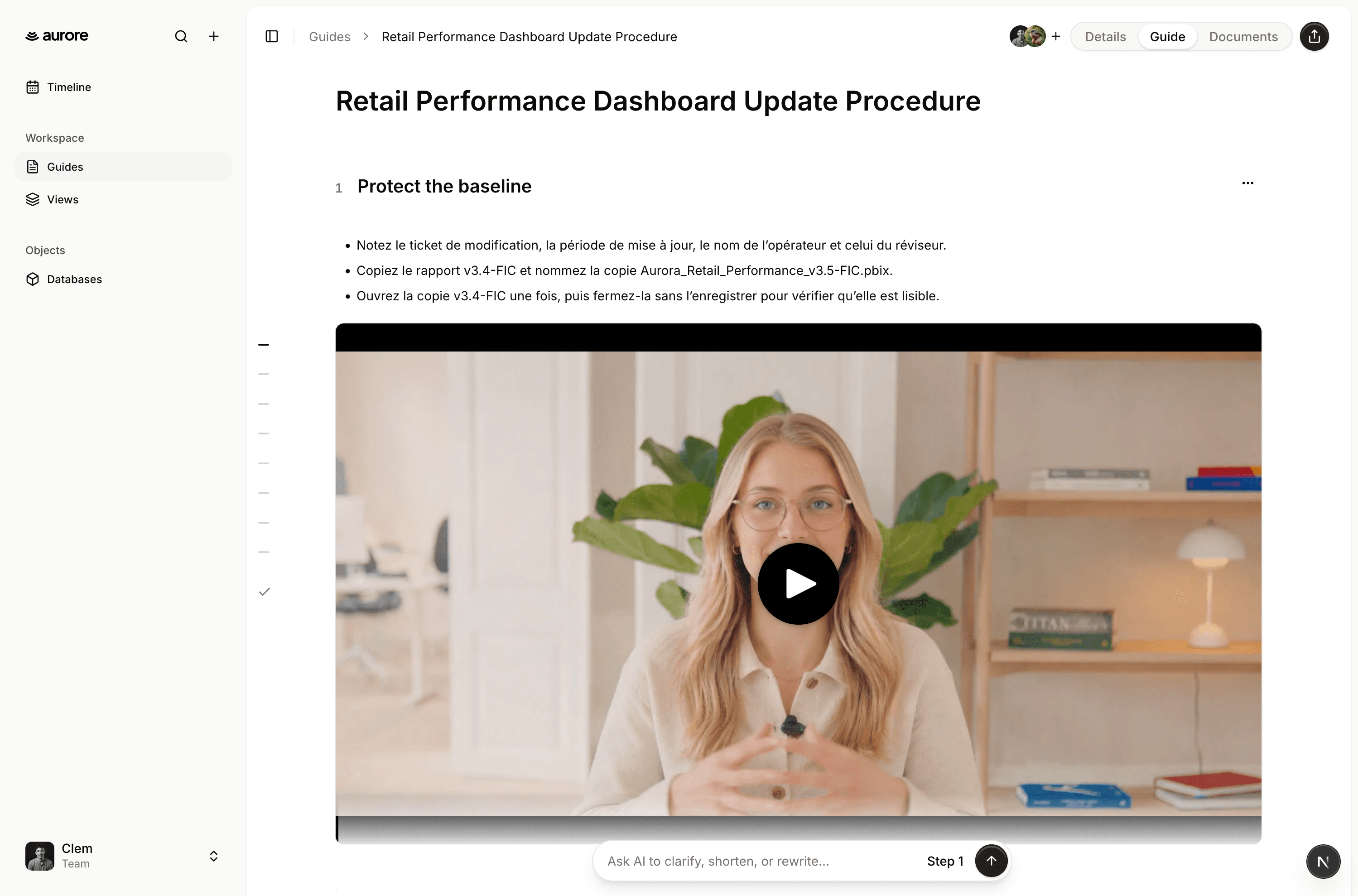 Aurore guide showing the step-by-step update procedure for a retail performance dashboard